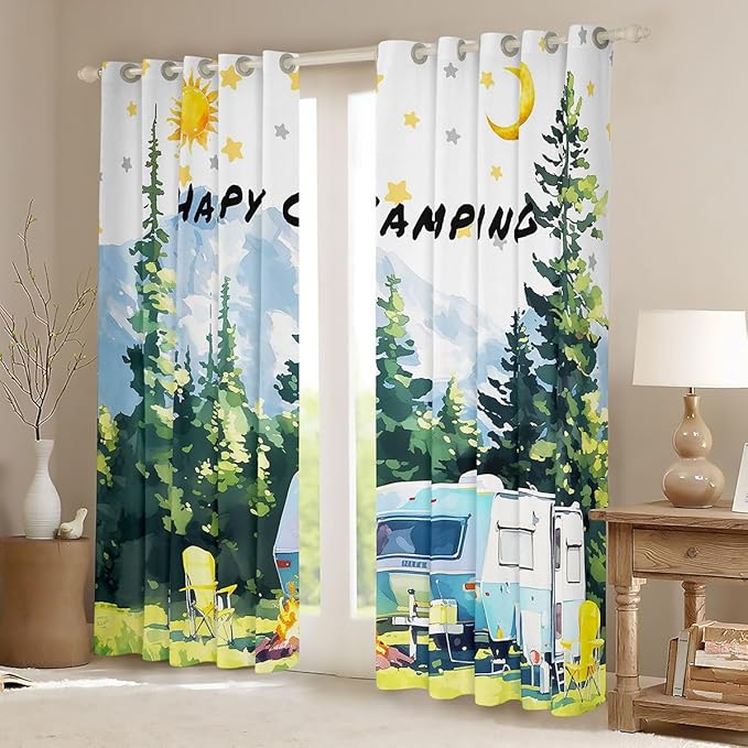 Camper Adventure Kids Blackout Curtains,Bonfire Campfire Pine Tree Rustic Nursery Bedroom Playroom Decor,Star Moon RV Trailer Window Drapes,Summer Green 2 Panels,52Wx63L inch