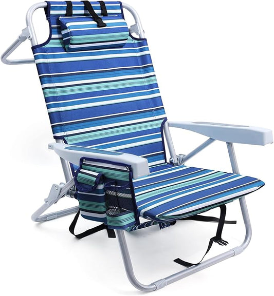 Beach Chairs for Adults Heavy Duty, Compact Portable Lay Flat Folding Chair with Backpack Straps and Large Cooler Pouch, Support to 350LBS (Stripes_Blue&Cyan)