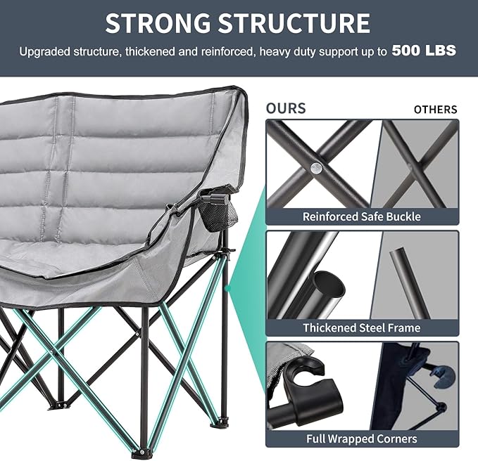 DoCred Double Camping Chair - Oversized Loveseat, 2 Person Camping Chair for Adults Heavy Duty,Two Person Folding Chair with Cup Holder, Supports up to 500 LBS for Outside Picnic Beach Travel
