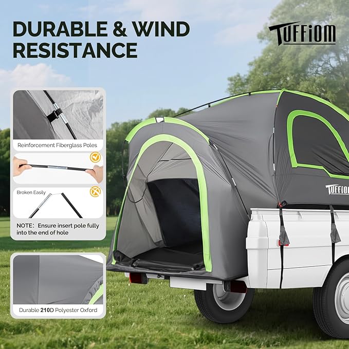TUFFIOM Update 5.5-6ft Pickup Truck Tent for Camping, Truck Bed Tent with Reinforcement Fiberglass Poles, PU2000 Waterproof and Rainfly for 2 People, Easy Set Up, Good Ventilation