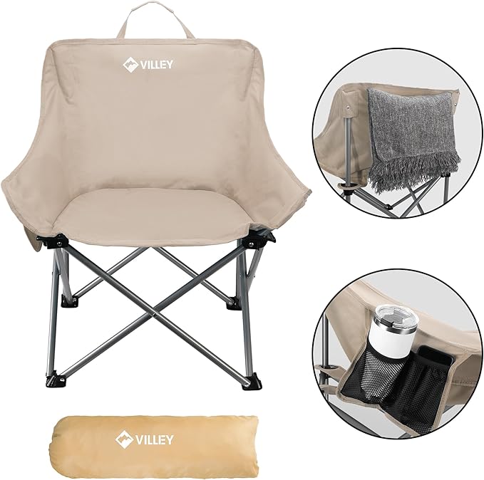 VILLEY Camping Chair Beach Folding Chair, Outdoor Lawn Portable Lightweight Chair, Foldable Chair with Carry Bag, for Outside Hiking, Fishing, Travel, Beach and Sports, Beige