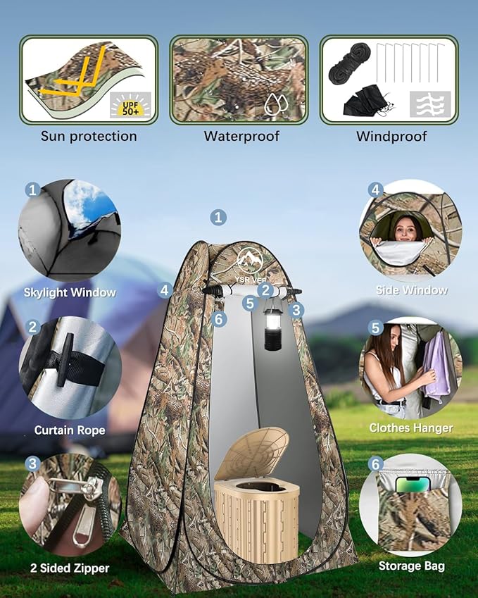 Camping Toilet with Pop-Up Privacy Tent and Liquid Waste Gel, Portable Toilet for Camping with Large Tent, Ergonomic Potty Provides Enhanced Comfort, Suitable for All Ages