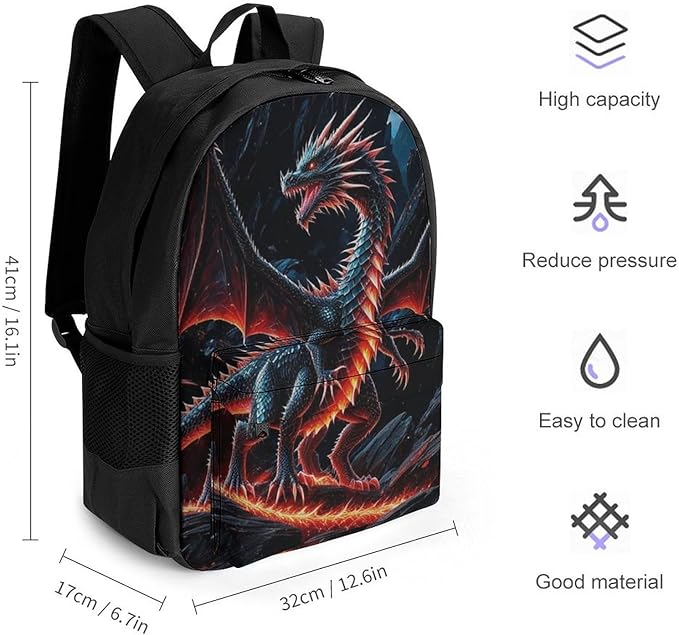 Supdreamc Backpack Multipurpose Anti-Theft Large Capacity Bookbag, Black Cool Dragon Travel Hiking Daypack With Side Pockets