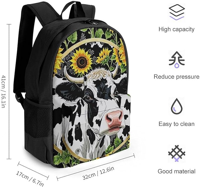Supdreamc Lightweight Rucksacks for Climbing Outdoors Walking Cycling, Large Capacity Anti-Theft Multipurpose Carry On Bag, Farm Cow Sunflower Print Camping Outdoor Backpack