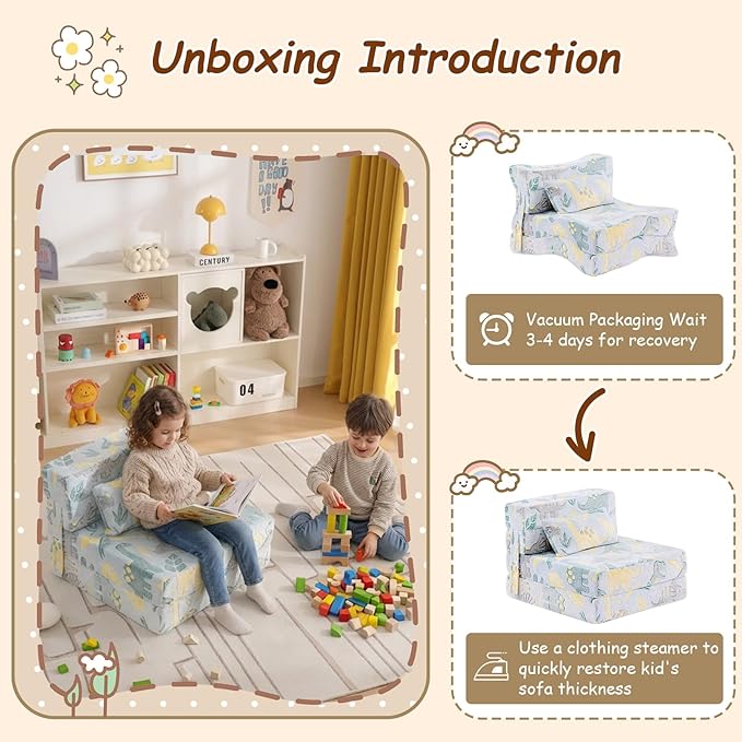 Folding Sofa Bed Floor Mattress for Kids with Pillow, Toddler Glow in Dark Washable Couch Folding Mat for Daycare, Child Dinosaur Chair with Storage Bag for Playroom, Camping, Green