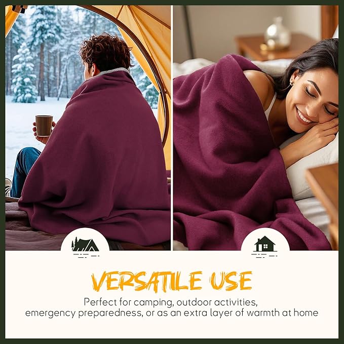 Merino Wool Blend Camping Blanket Ultra Warm, Moisture Wicking, Portable Outdoor Blanket for Camping, RV Trips, Adventures, Picnic, Bushcraft Survival Kits, Large 86"x62"