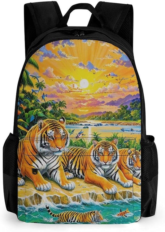 Rucksack Polyester Anti-Theft Multipurpose King Of The Tiger Tropical Rainforest Landscape Jungle Parrot Birds Carry On Bag Large Capacity Travel and Sport Backpack Rucksack With Smooth Zippers