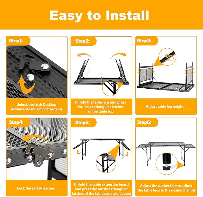 Grill Table Folding Table with 2 Wing Panels 4FT+1.77 FT with Mesh Desktop 3 Height Adjustable Portable Grill for Outdoor Indoor Beach BBQ Picnic Travel RV Black