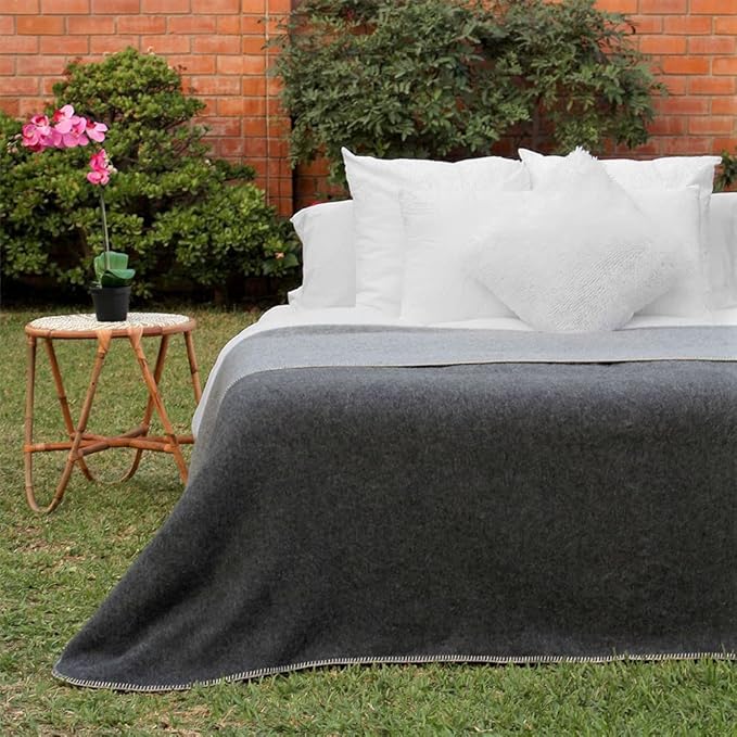 Thick Alpaca Wool Blanket - Heavyweight for Camping Outdoors or Using Indoors | Soft Peruvian Blanket (Dark Gray/Soft Gray, Queen)