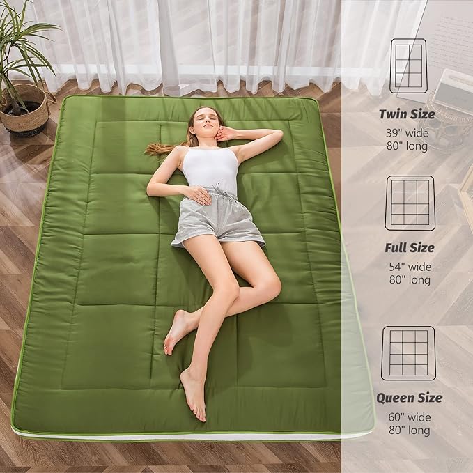 MAXYOYO Futon Mattress, Japanese Floor Mattress Quilted Bed Mattress Topper, Extra Thick Folding Sleeping Pad Breathable Floor Lounger Guest Bed for Camping Couch, Green, Twin
