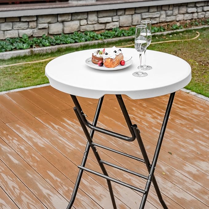 Cocktail Table 28in Portable Folding Bar Height Table, Compact Round High Top Plastic & Steel Bistro with Removable Legs, for Indoor Outdoor RV Patio Catering Parties Commercial Events-1pc
