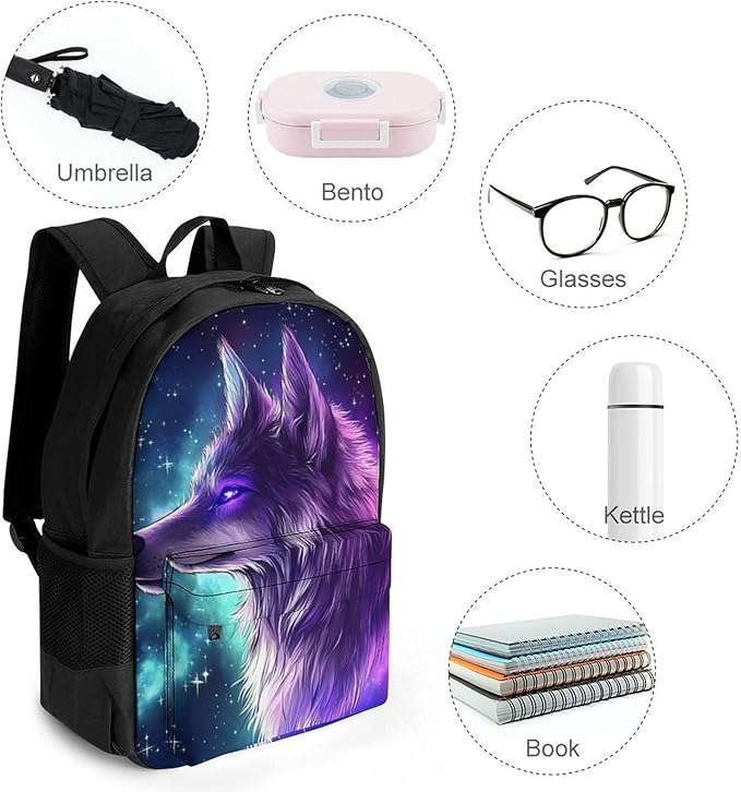 Men Women Lightweight Purple Universe Space Galaxy Magic Wolf Art Daypack Bookbag Big Capacity Carry On Bag With Side Pockets for Camping Travel Bicycle