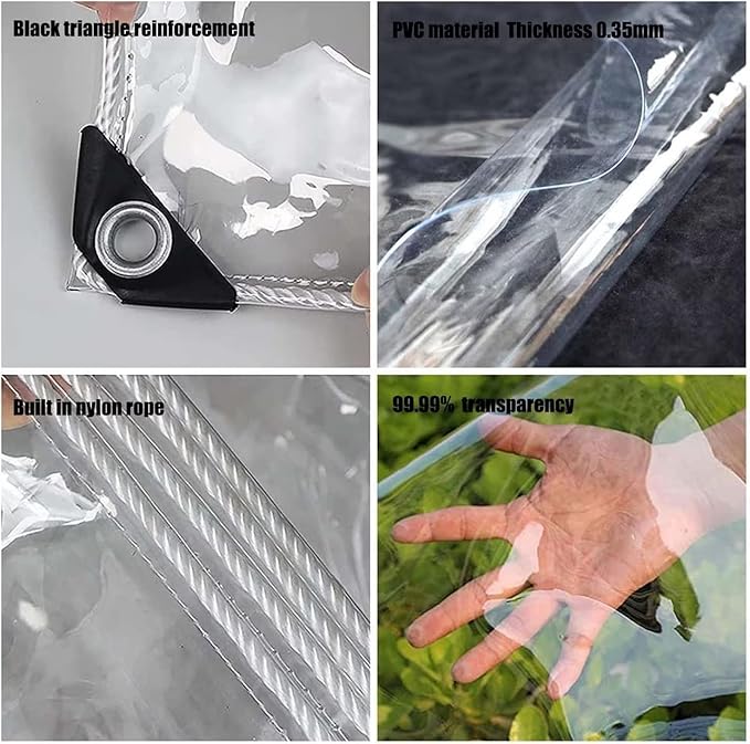 12' X 16' Outdoor Clear Tarp Curtain Waterproof Wind-Proof 0.35mm Transparent Vinyl Tarp for Patio Pergola Garden Canopy Rainproof Anti-Tear PVC Thick Cover with Grommets