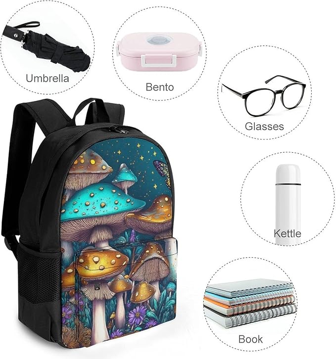 Supdreamc Rucksack Anti-Theft Multipurpose Big Capacity Carry On Bag, Trippy Mushroom Art Traveling Camping Backpack With Side Pockets
