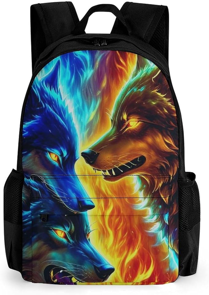 Supdreamc Rucksack Multipurpose Anti-Theft Big Capacity Shoulder Bag, Ice And Fire Flaming Cool Wolf Travel Hiking Camping Rucksack With Side Pockets