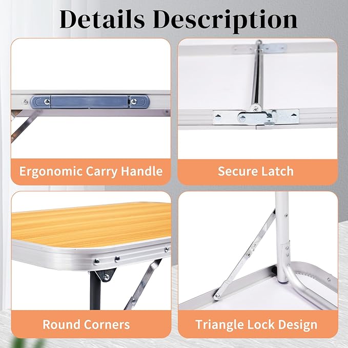 2.0 Ft Folding Portable Camping Table, RV Dining Tables for Inside, Outdoor Camping for 2 People, Tailgate, BBQ, Picnic, Cooking, Beach, Garden, Party, Yellow
