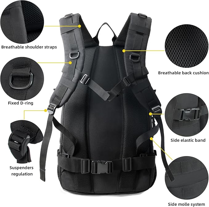 J.SH 50L Military Tactical Backpack for Men, 3 Day Assault Backpack, PVC Waterproof Coating & MOLLE System, Holds 17in Laptop Suitable for Hiking, Camping, Survival Training, Gym Backpacks - Black
