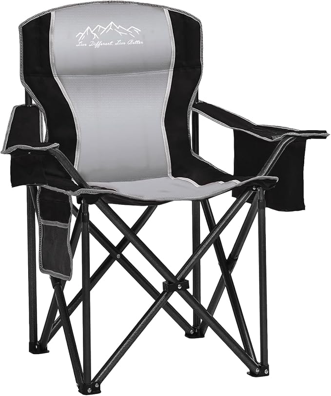 Camping Chair with Cooler Bag, Cup Holder, Storage Pocket, Heavy Duty 450lbs Capacity with Large Anti-Sink Feet, Portable Folding Padded Chair for Outdoor, Beach, Fishing, Sports, Black
