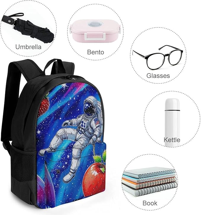 Supdreamc Daypack Backpack Anti-Theft Multipurpose Large Capacity Carry On Bag, Space Astronaut Galaxy Strawberry Art Traveling Camping Backpack With Side Pockets