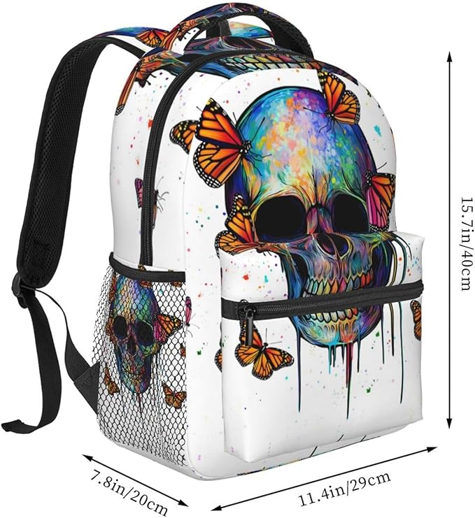 Rucksacks Multipurpose Anti-Theft Big Capacity Bookbag, Mexican Skulls Colorful Butterfly Art Travel Hiking Camping Rucksack With Padded Straps