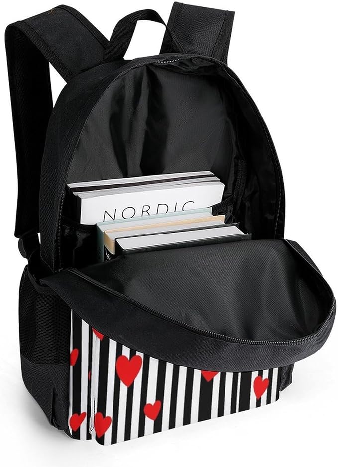 Daypack Lightweight Multipurpose Anti-Theft Black And White Stripes Hearts Shoulder Bag Large Capacity Laptop Book Bag Rucksack With Adjustable Shoulder Straps