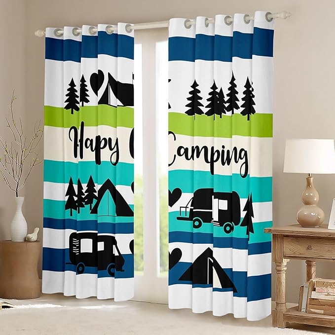Erosebridal Happy Camping Camper Blackout Curtains for Bedroom Living Room Vehicles Camping Window Curtains 2 Panels 52" Wx84 L Country Pine Tree Mountain Drapes,Colorful Stripes Window Treatments