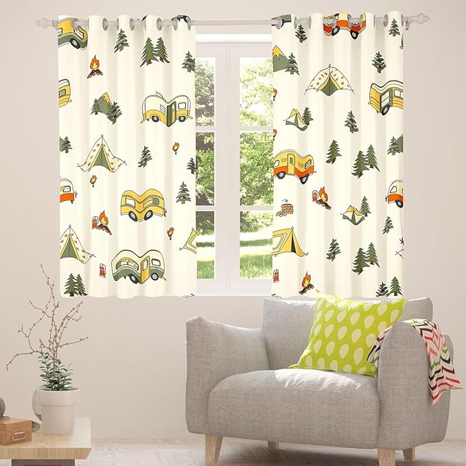 Erosebridal Camping Adventure Window Curtains 42" Wx63 L Happy Camping Blackout Curtains for Bedroom Living Room,Camper Campfire Pine Trees Window Treatments Tent Outdoor Life Drapes Decor 2 Panels