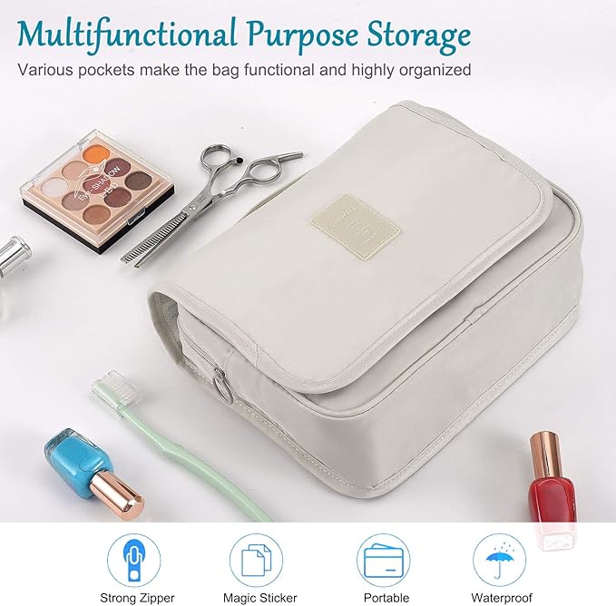 Trawila Travel Hanging Toiletry Bag Cosmetic Bag Makeup Organizers for Men & Women with Sturdy Hook (Beige)