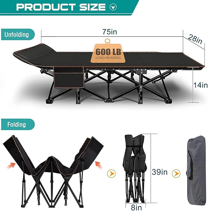 ABORON Camping Cot for Adults, Folding Sleeping Cot with Mattress, 500 lb Capacity Heavy Duty Outdoor Folding Sleeping Bed, Portable Cot Bed for Camping, Indoor Guest Use, Home & Travel