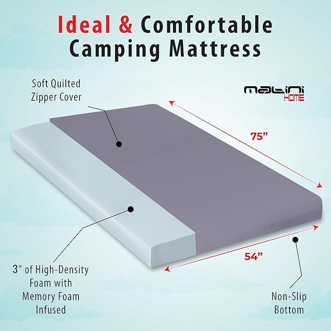 3" x 54" x 75" Memory Foam Roll-Up Camping Mattress with Water Resistant Zipper Cover, Foldable and Portable for Camping, RV Bunk, Tent, Guest Bed, Outdoor and Dorm