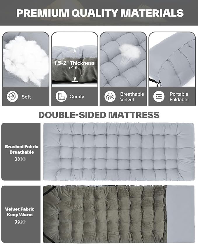 Sportneer Cot Mattress: 1.5-2" Thick Soft Camping Cot Mattress Pad - 75"x28" Folding Cot Topper with Fix Straps for Single Bed, Camp Cot, RV Bunk - Comfortable & Portable