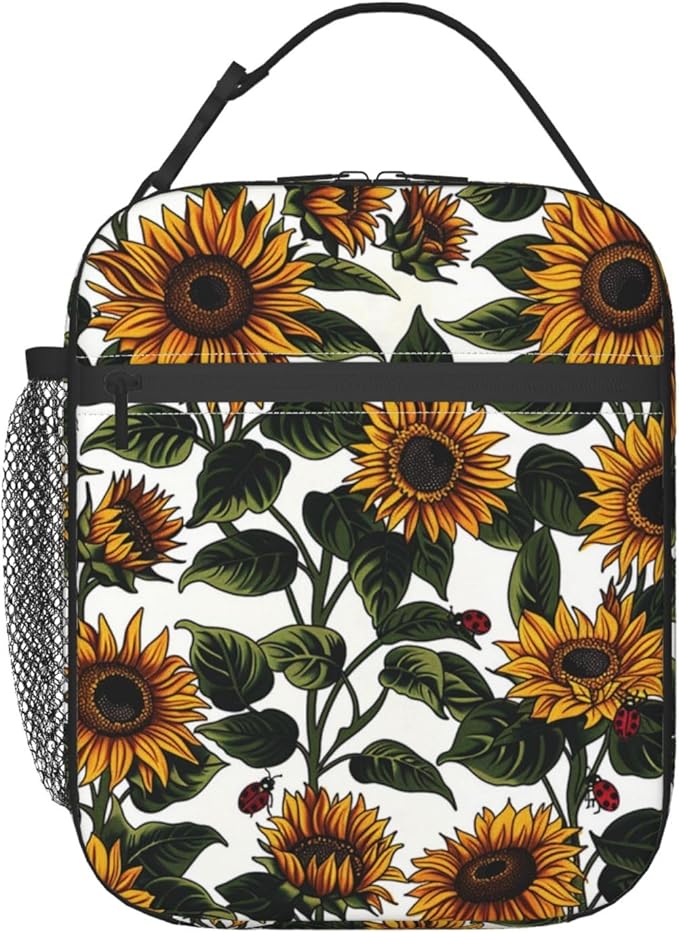 Reusable Sunflower Lunch Box for Kids Girls Boys Women Adult, Insulated Floral Ladybug Lunch Bag,Polyester Cooler Flower Handbags Case for School Picnic Work Travel Beach or Hiking (White)