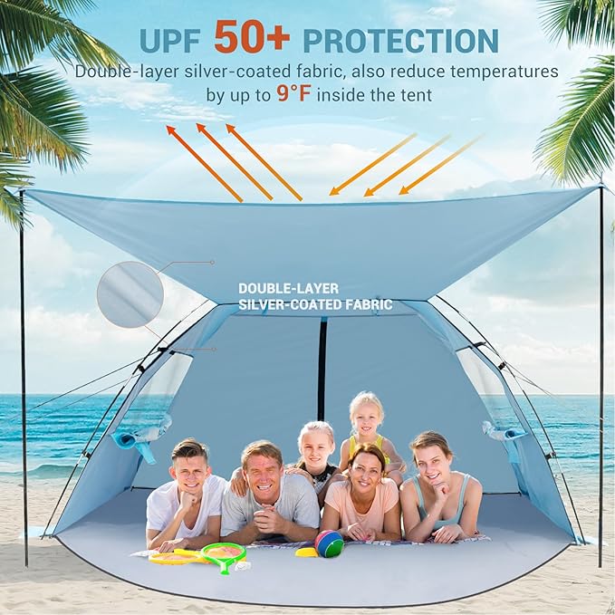 Elegear CumbreX™ Beach Tent Sun Shelter with Canopy, 6-8 Person Beach Tent, Easy Setup UPF 50+ UV Protection Portable Lightweight Double Silver Coating Cabana Sun Shade Shelter - Sky Blue