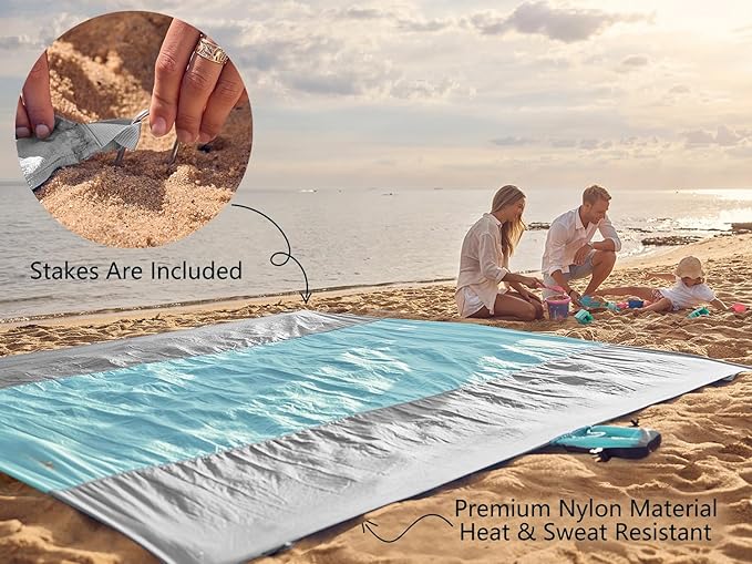 WEKAPO Beach Blanket Sandproof Waterproof, Extra Large Beach Mat, Oversized & Compact Sand Free Mat Quick Drying, Lightweight & Durable with Stakes & Corner Pockets