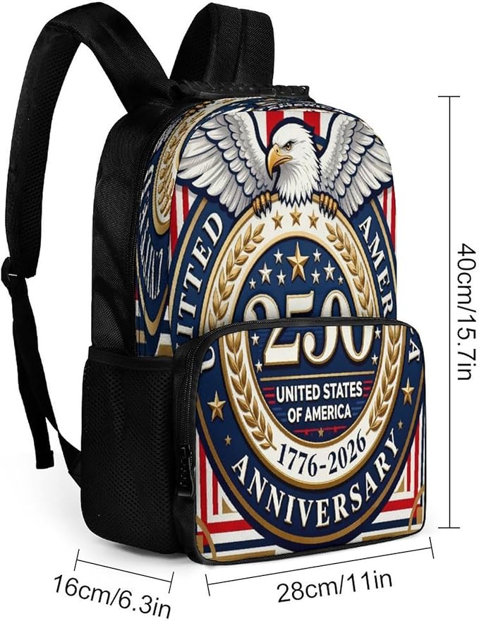 Women Men Polyester 250th Anniversary 1776-2026 Patriotic Eagle Art Casual Daypack Large Capacity Bookbag With Side Pockets for Sports Picnic Walking Cycling