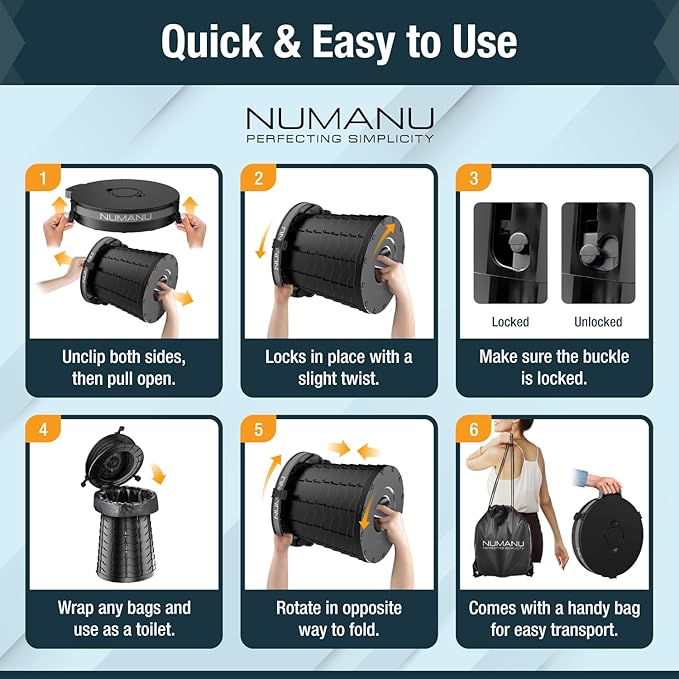 NUMANU 19.7" XXL 3IN1 Portable Toilet Seat, Stool, Trash Can | Adjustable Height Portable Potty, Foldable Toilet with Lid & Waste Bags, Outdoor Travel Potty, Pop Up Camping Toilet for Adults & Kids