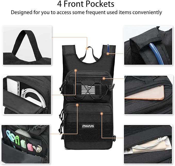 MOSISO Tactical Hydration Pack Backpack, Military Daypack Water Backpack Rucksack Bladder Bag with 3L Water Bladder&Elastic Cord Strap for Outdoor Sports,Hiking,Climbing,Running,Cycling,Biking, Black