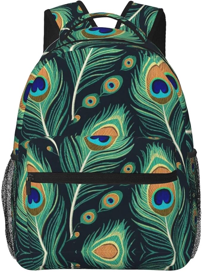 Women Men Polyester Chic Animal Beautiful Peacock Feather Green Art Casual Daypack Large Capacity Bookbag With Side Pockets for Sports Picnic Walking Cycling