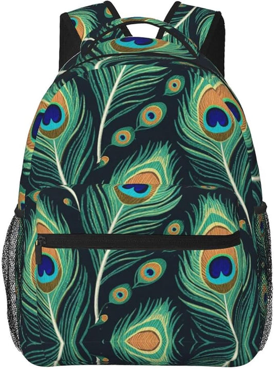 Women Men Polyester Chic Animal Beautiful Peacock Feather Green Art Casual Daypack Large Capacity Bookbag With Side Pockets for Sports Picnic Walking Cycling