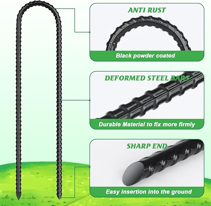 Gtongoko 12 Pack Trampoline Stakes Anchors High Wind, 12 Inch Ground Anchors Heavy Duty, Trampoline Tie Down Anchor Kit, Ground Stakes Galvanized Steel, U Shaped, Black