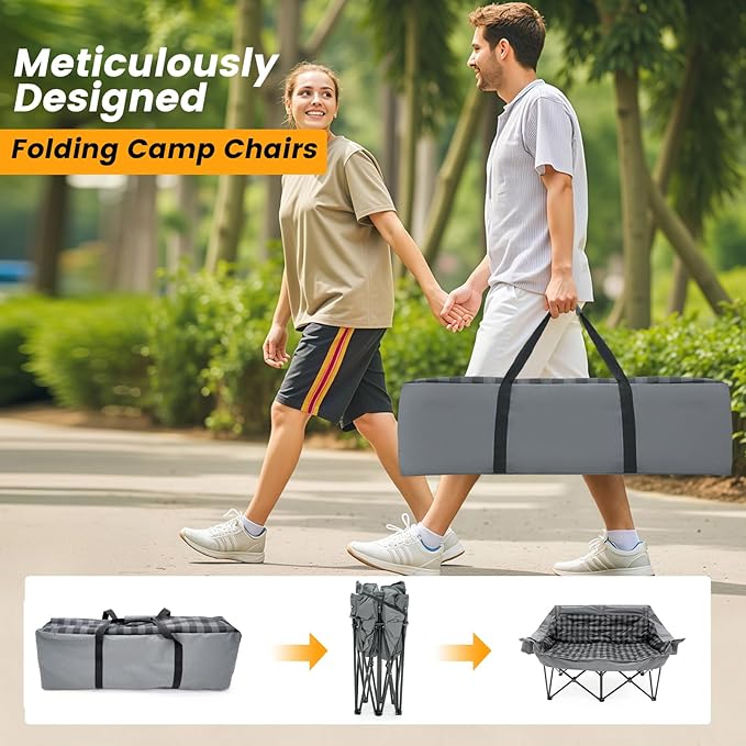 QUYUAN Double Camping Chair for Adult, Heavy Duty Folding Chair for 800lbs, Comfortable Lawn Chairs with Fully Padded, Camp Chairs for Outdoor Sports, Fishing, Concerts, Beach, Gray Camping Loveseat