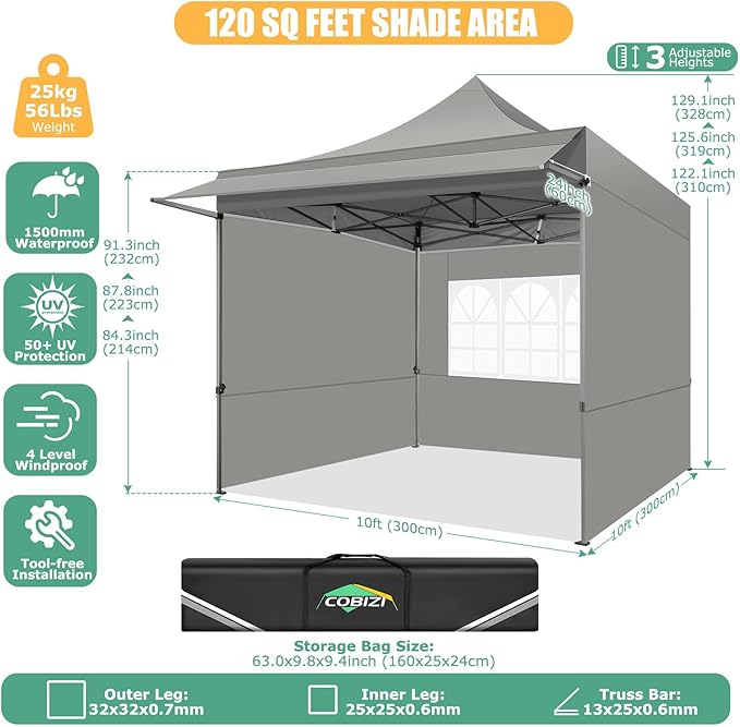 COBIZI 10x10 Pop Up Canopy Tent with Awning,Heavy Duty Canopy UPF 50+ All Season Wind Waterproof Commercial Outdoor Street Vendors Party Tents for Parties Canopy with Carry Bag(10 x 10 ft Gray)
