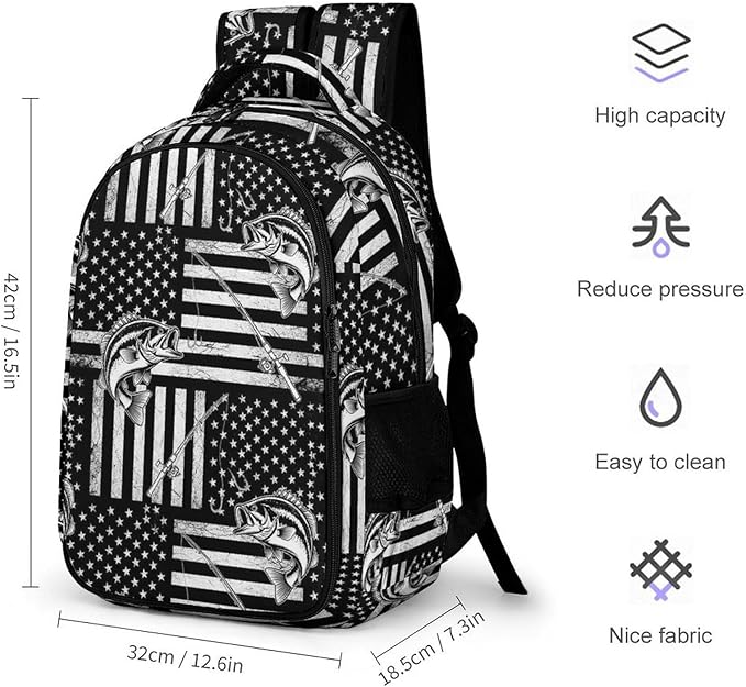 Waterproof Hiking Backpack Black And White American Bass Fishing Flag, Anti Theft Travel Laptop Rucksack with Multi Compartments for Men Women Outdoor Sports