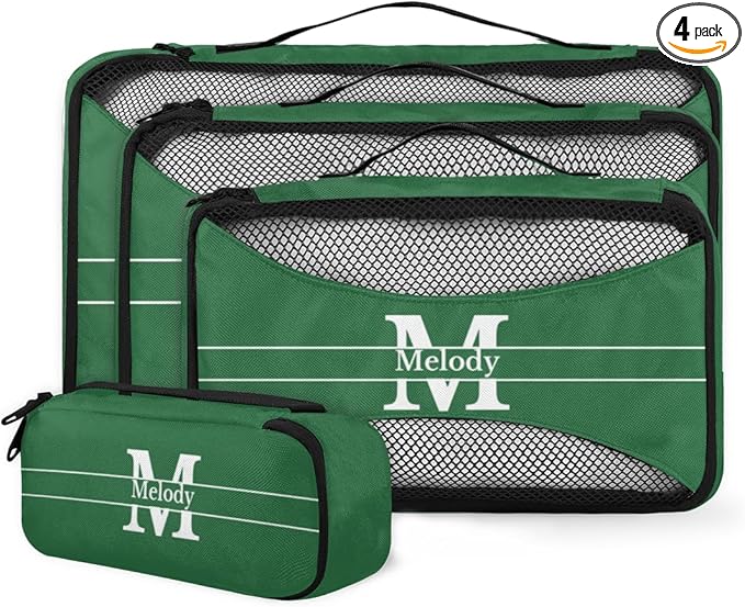 Custom Name Compression Packing Cubes Luggage Organizer Bags for Travel, Forest Green with Initial Letter Double Zipper Packing Cubes for Suitcases for Men Boys