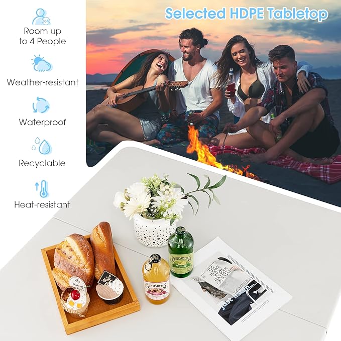 Goplus 34" Square Folding Card Table, Portable with Handle, White Indoor Outdoor Utility Table for Picnic, Party, Dining, Camping, BBQ