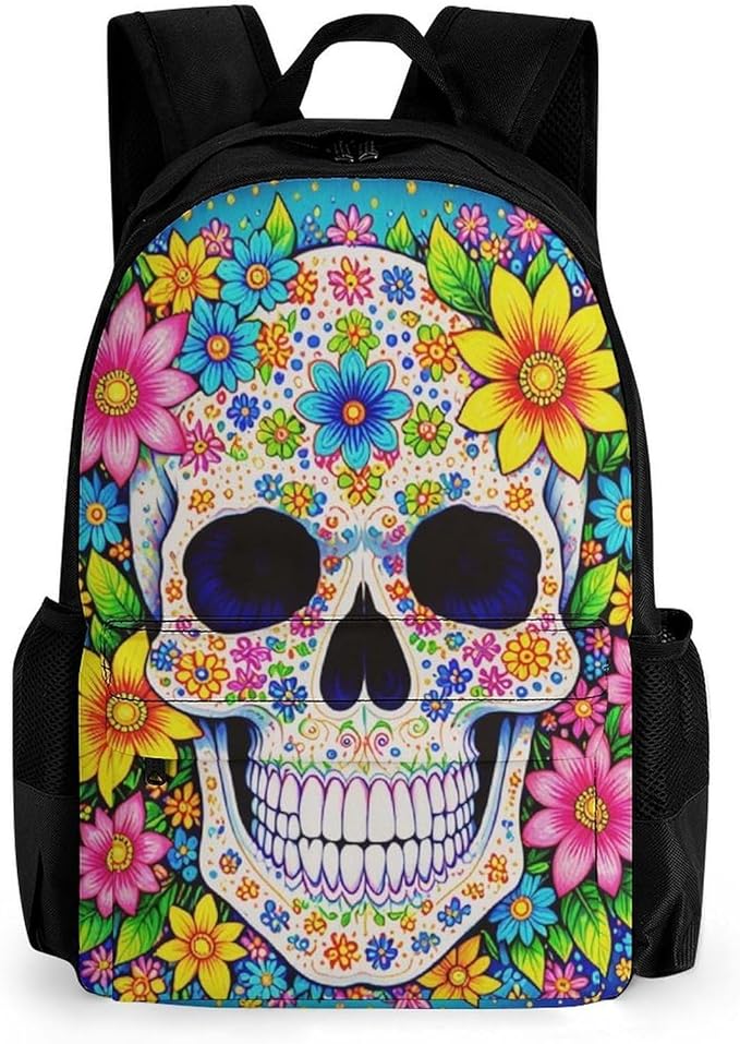 Supdreamc Rucksack Multipurpose Anti-Theft Big Capacity Shoulder Bag, Sugar Skull Colorful Day Of The Dead Art Travel Hiking Camping Rucksack With Side Pockets