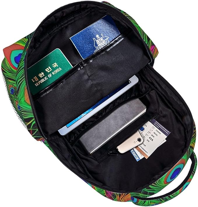 Shoulder Book Bags Anti-Theft Multipurpose Big Capacity Bookbag, Colorful Peacock Feather Art Travel Hiking Backpack With Smooth Zippers
