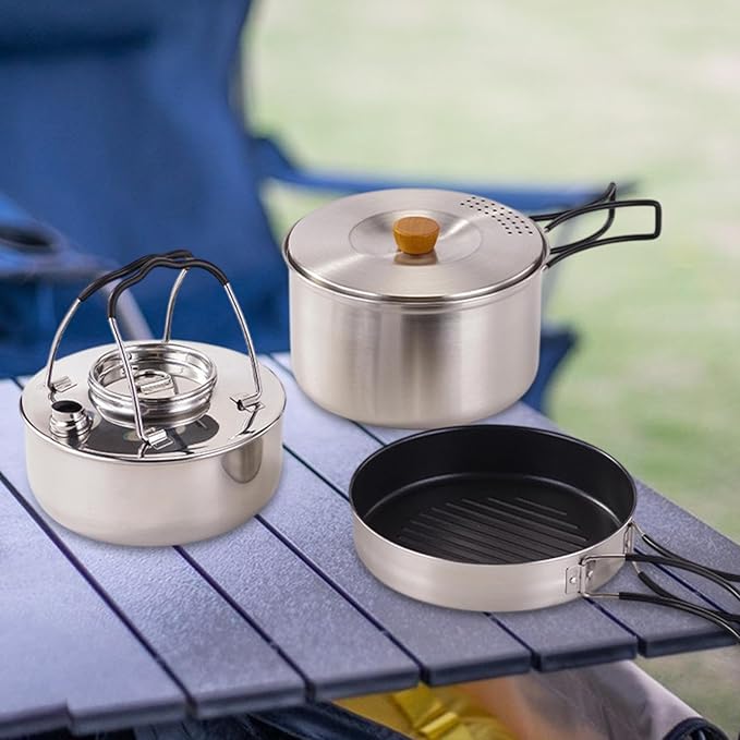 Camping Mess Kit,Nonstick Frying Pan,Open Fire Cookware,Folding Handle,Gear,Outdoor Camping Cookware,Soup Pot for Camping BBQ