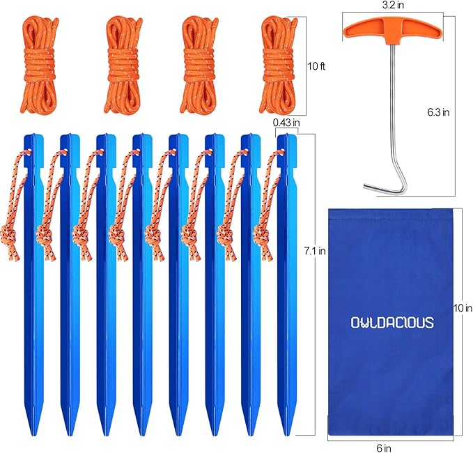 7 Inch Ultralight Aluminum Tent Stakes (8Pcs) – Includes 4X 10ft Guylines, Puller & Storage Bag. Non-Rust Metal Ground Spikes Tent Pegs for Camping.