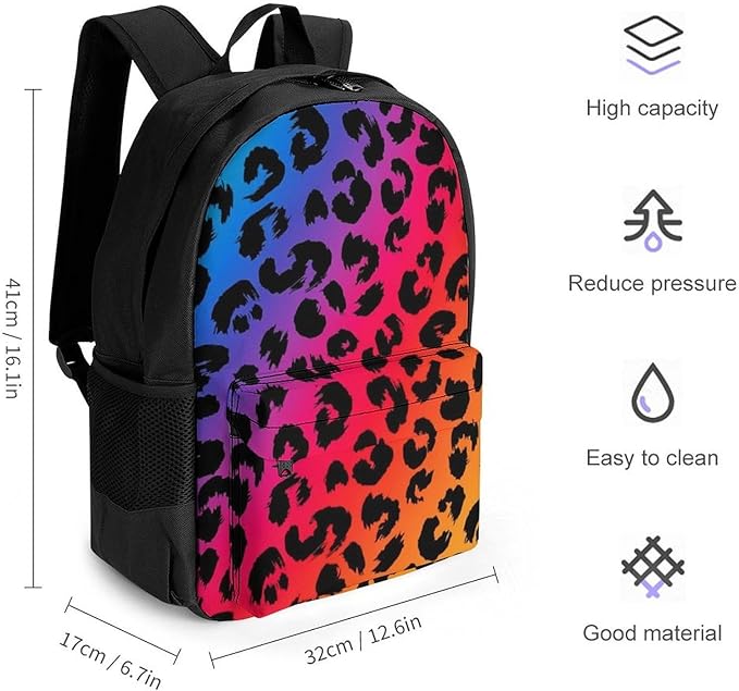 Polyester Daypack Backpack for Climbing Outdoors Running, Big Capacity Multipurpose Anti-Theft Bookbag, Colorful Rainbow Cheetah Leopard Print Travel Hiking Camping Rucksack